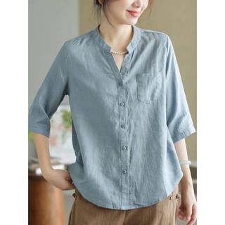 3/4-Sleeve Mandarin Collar Plain Shirt